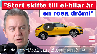 Videobild av professor Jan Blomgren bredvid en elbil som flyger i en rosa himmel